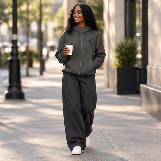 Okahrba Premium Zip Hoodie worn on a city street