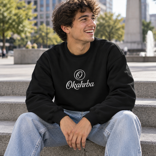 Okahrba Classic Crewneck Sweatshirt in black, worn outdoors