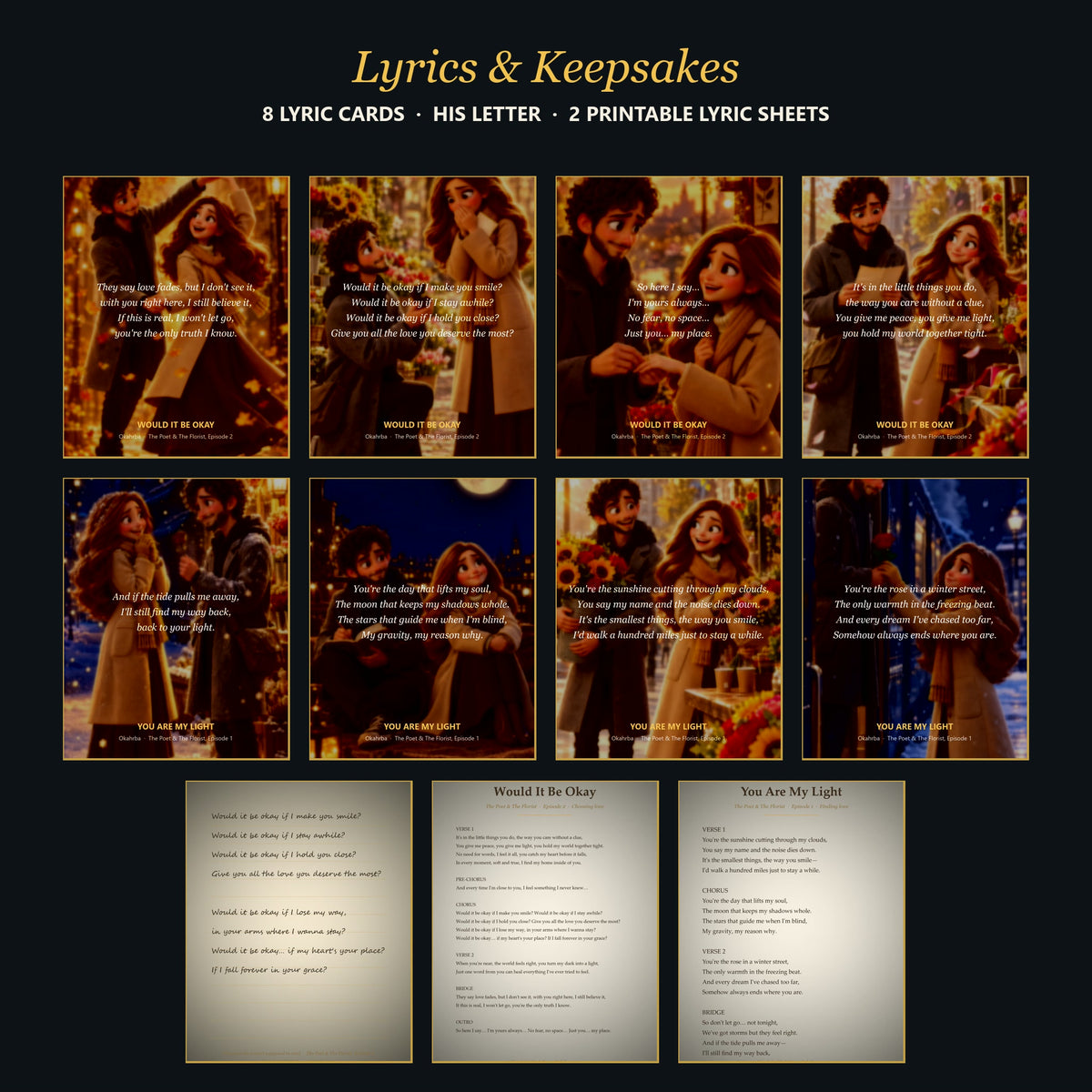 8 lyric cards, his printable letter and 2 A4 lyric sheets from The Poet & The Florist