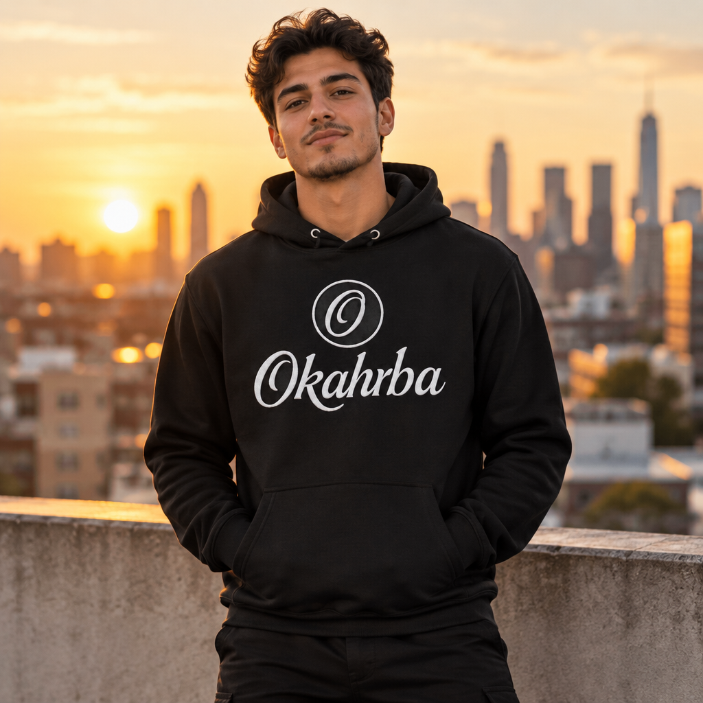 Okahrba Signature Hoodie worn on a rooftop at sunset