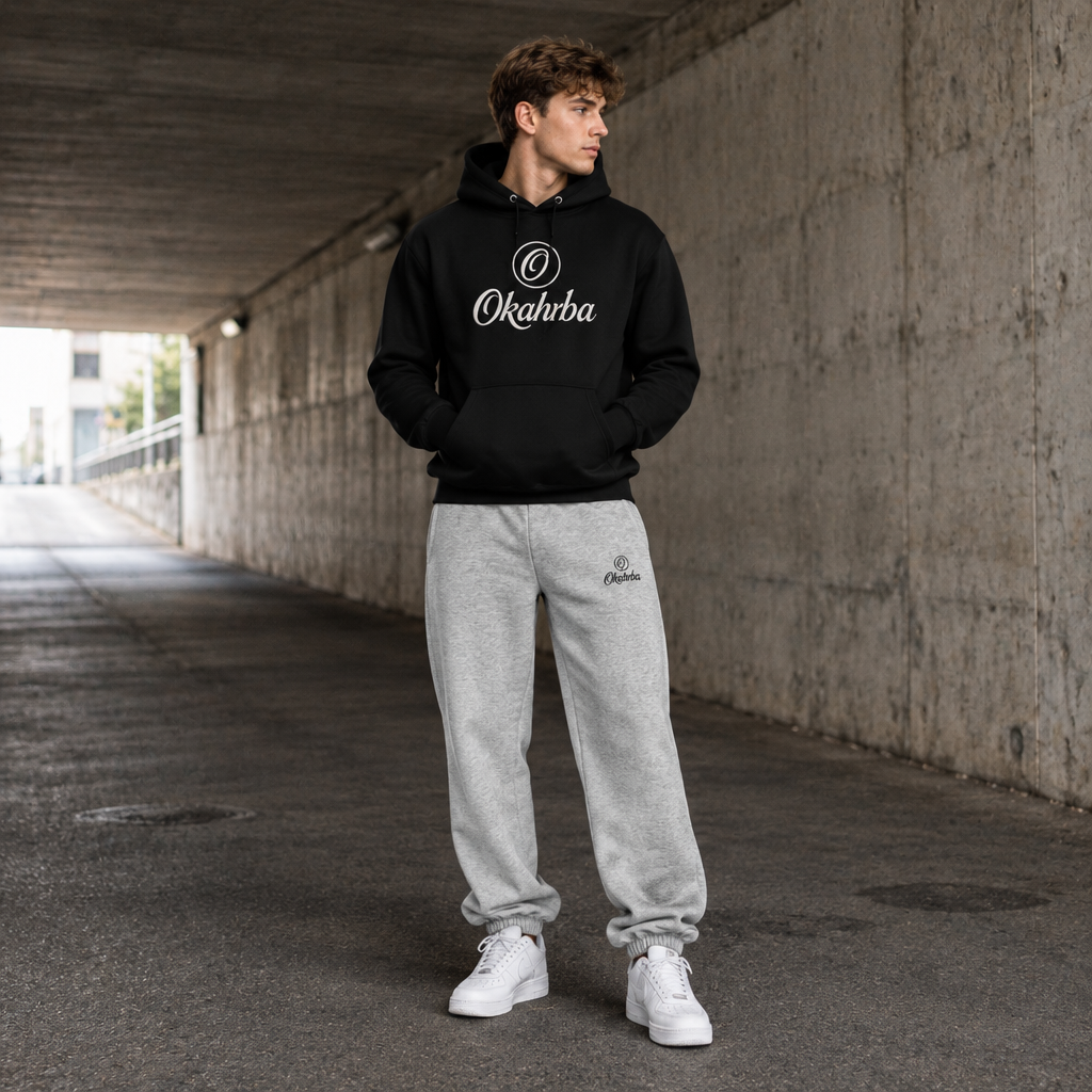 Okahrba Heavyweight Sweatpants in grey, styled with the Signature Hoodie