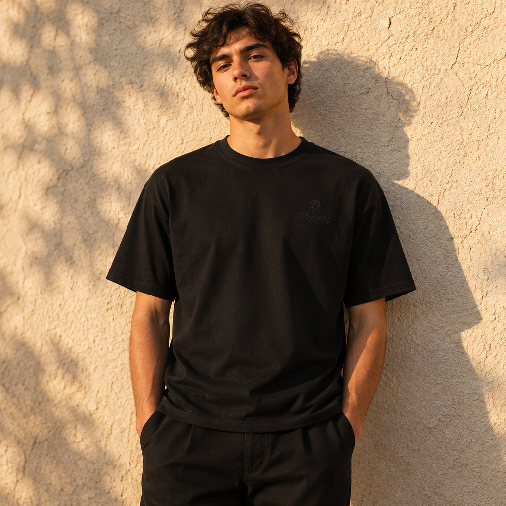 Okahrba Signature Embroidered Tee in black, worn against a sunlit wall