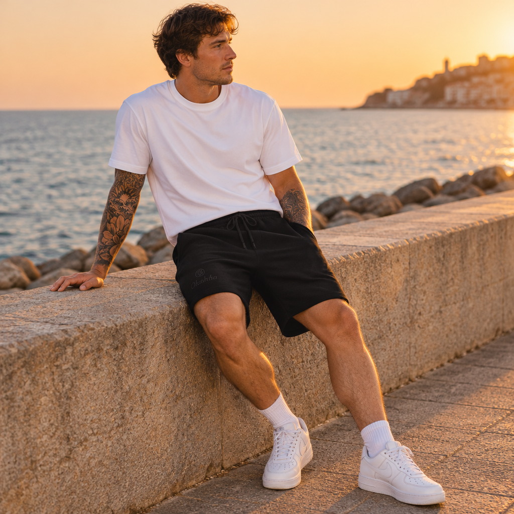 Okahrba Signature Fleece Shorts in black, worn by the sea