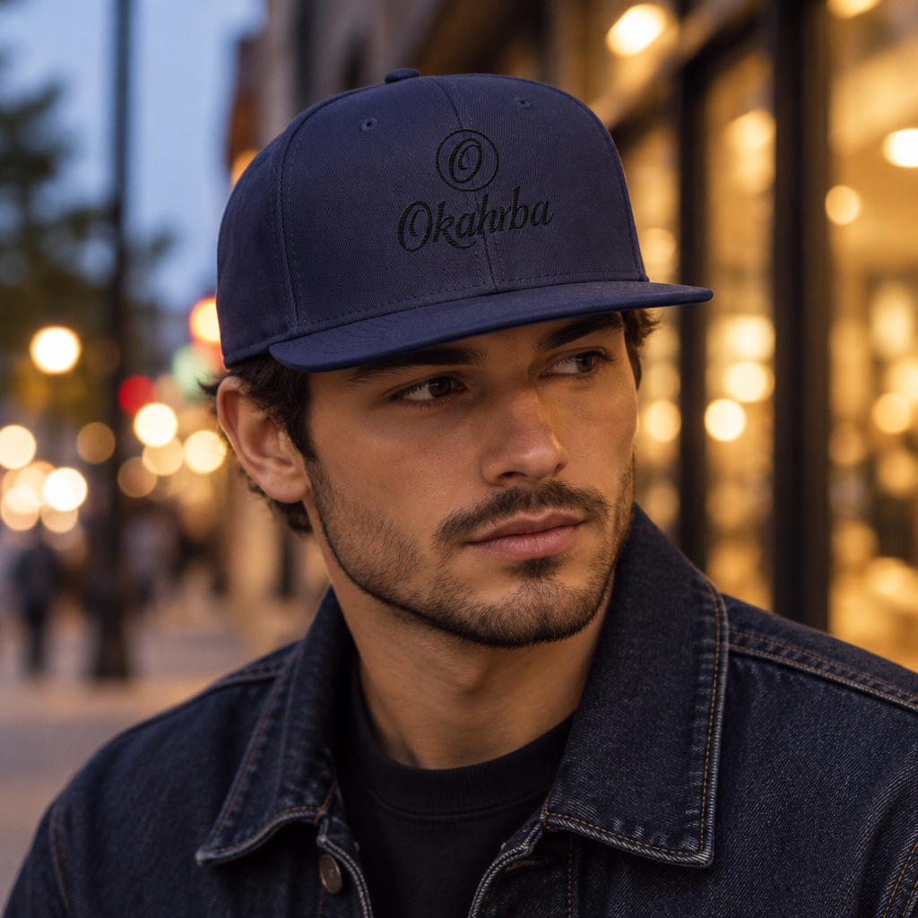 Okahrba Signature Snapback in navy, worn on a city street at dusk