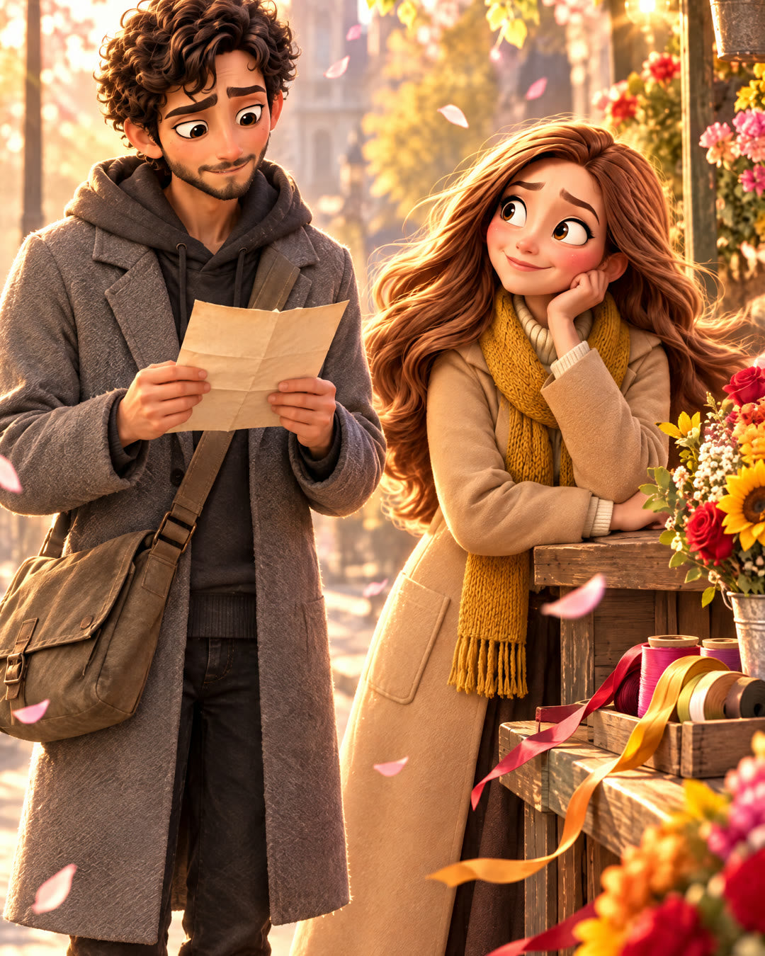 The poet reads his handwritten page to the florist at her flower stall