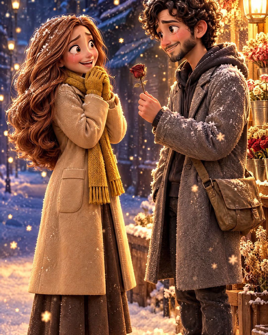 Episode 1, You Are My Light: he comes back to her through the snow, holding a red rose