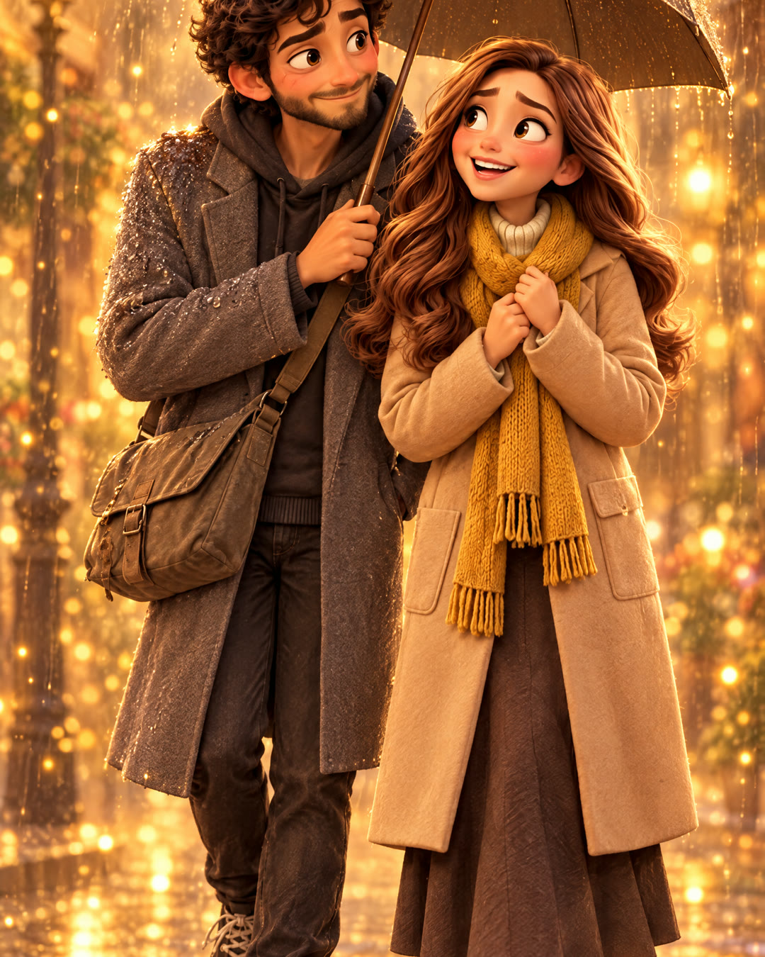 Episode 2, Would It Be Okay: the couple under one umbrella in golden rain