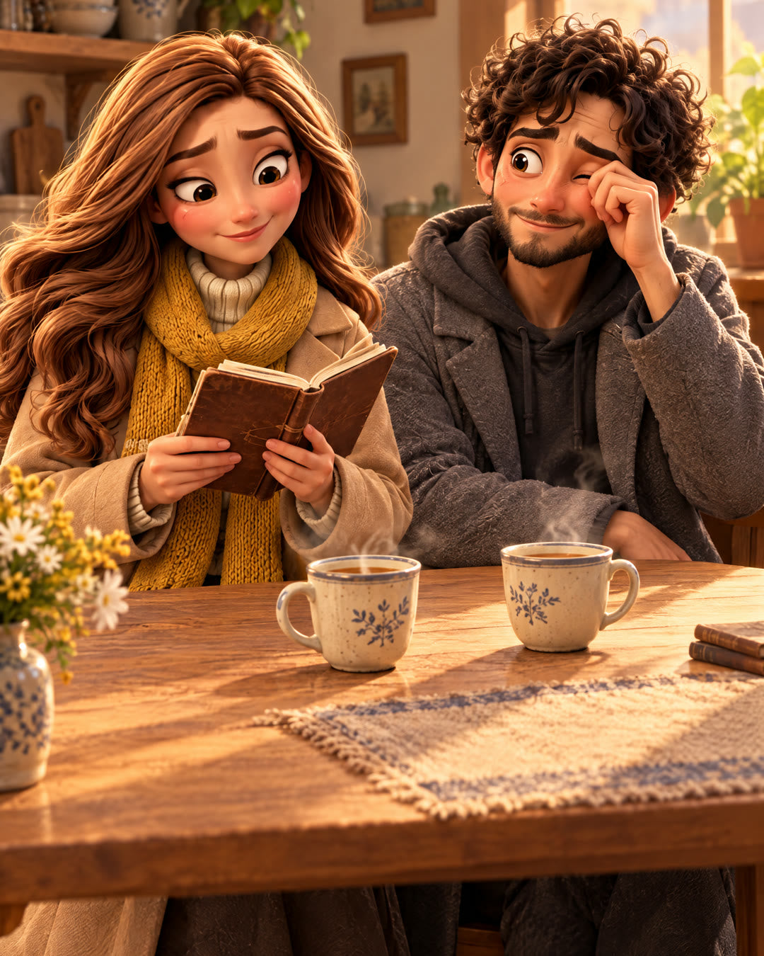 Episode 3, She Smiles: the couple at home with tea and a notebook